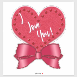 I Love You Valentine Faux Satin Bow Red Heart  Sticker