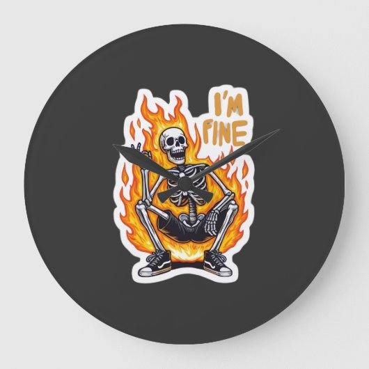 I’m Fine Skeleton on Fire Funny Sticker Illustrati Grote Klok (Voorkant)