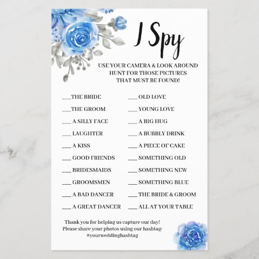 I Spy Blue Flowers Weddenschappen Reception Game C Flyer (Voorkant)
