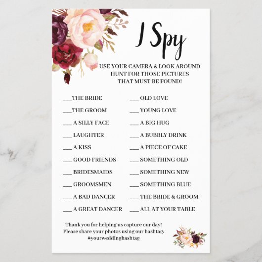 I Spy Marsala Flowers Wedding Reception Game Kaart (Voorkant)