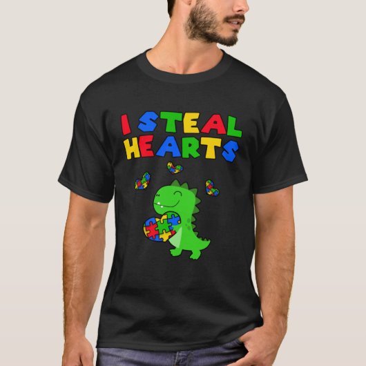 I Steal Hearts Puzzle Autism Awareness Maand Rex D T-shirt (Voorkant)