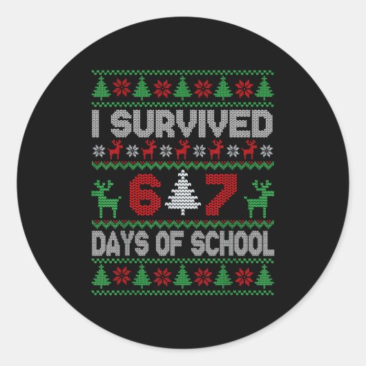 I Survived 67 Days Of School Christmas Meme Six Se Ronde Sticker (Voorkant)
