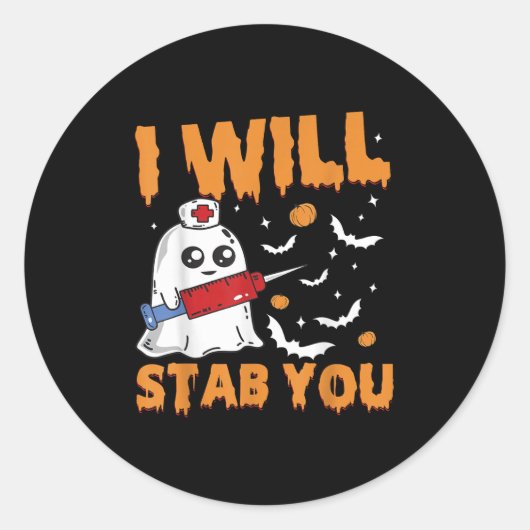 I Will Stab You Ghost Nurse Retro Funny Halloween Ronde Sticker (Voorkant)