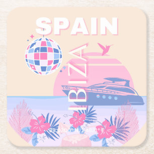 Ibiza, Spanje, Reiskunst, Preppy Art, Roze, Pastel Vierkante Kartonnen Onderzetter