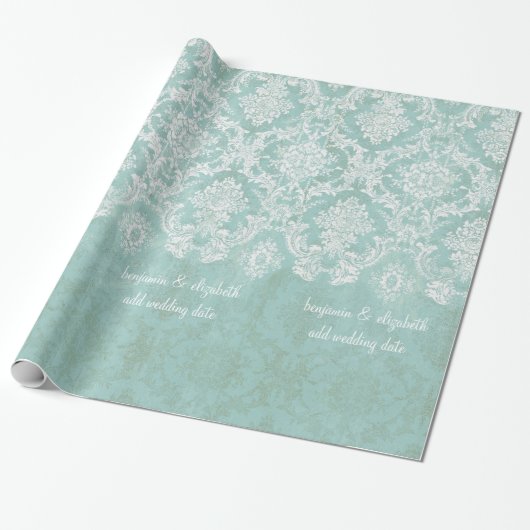 Ice Blue Damask Patroon met Grungy Finish Cadeaupapier (Uitgerold)