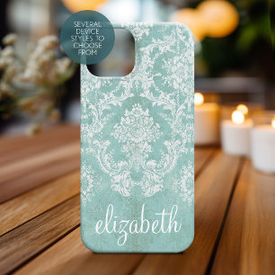 Ice Blue  Damask Patroon met Grungy Finish iPhone 16 Hoesje
