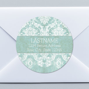 Ice Blue  Damask Patroon met Grungy Finish Ronde Sticker
