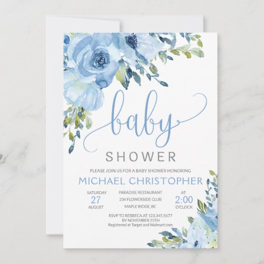Ice Blue Floral Boy Baby shower Uitnodiging (Voorkant)