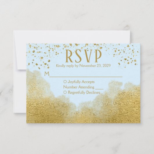 Ice Blue Gold Confetti RSVP Weddenschap Response Kaartje (Voorkant)