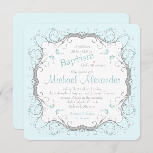 Ice Blue Gray Scroll Floral Baptism Invitation Kaart (Voorkant / Achterkant)