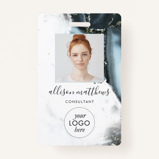 Ice Blue Grey Black Marmer Achtergrond Badge (Voorkant)