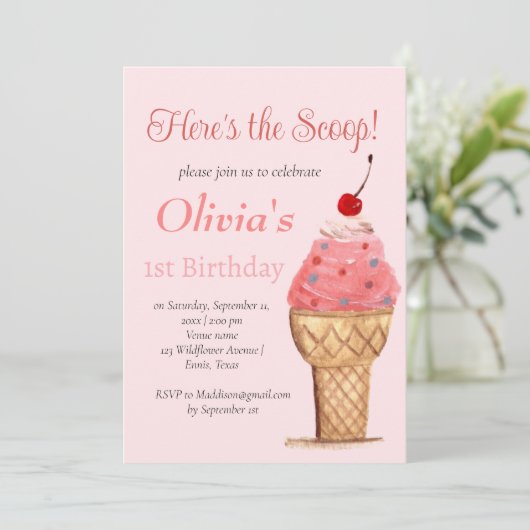 Ice Cream 1e Verjaardags Meisje Roze Waterverf Kaart (Staand voorkant)