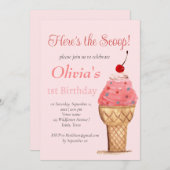 Ice Cream 1e Verjaardags Meisje Roze Waterverf Kaart (Voorkant / Achterkant)