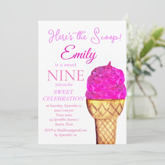 Ice Cream 9e Verjaardags Meisje Roze Waterverf Kaart (Staand voorkant)