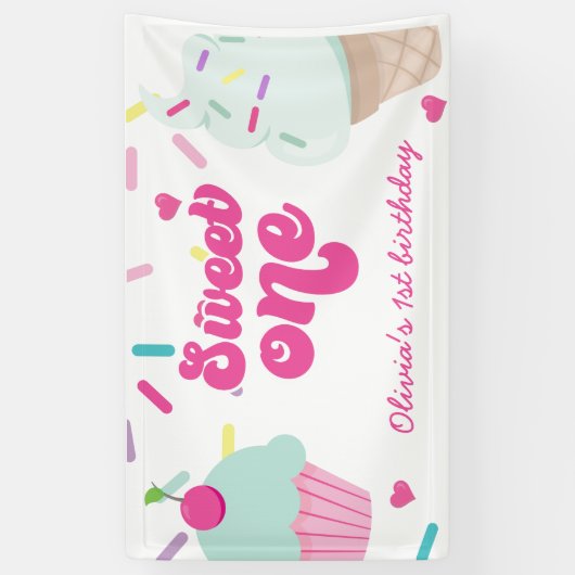 Ice Cream and Cake Sweet Een 1e Verjaardag Spandoek (Verticaal)