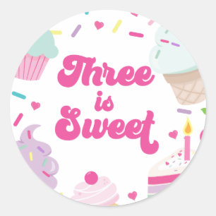 Ice Cream and Cake Three is Sweet 3rd Birthday Ronde Sticker