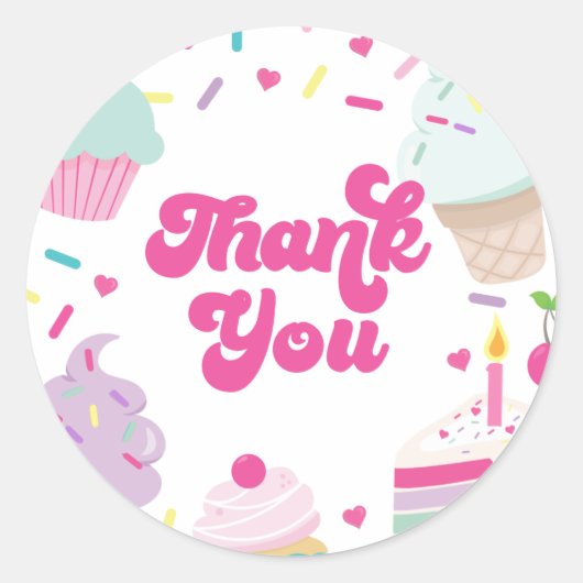 Ice Cream and Cake Verjaardag Dank u Ronde Sticker (Voorkant)
