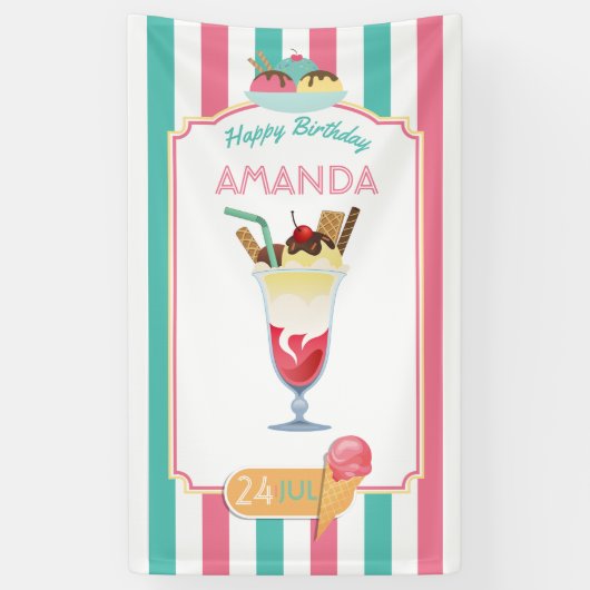 Ice Cream Birthday Party gepersonaliseerd Spandoek (Verticaal)