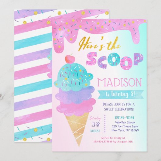 Ice Cream Birthday Party Invision Two Sweet Kaart (Voorkant / Achterkant)