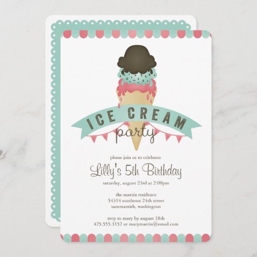 Ice Cream Birthday Party Invitation Kaart (Voorkant / Achterkant)