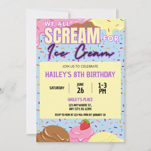 Ice Cream Birthday Party Invitation Kaart (Voorkant)