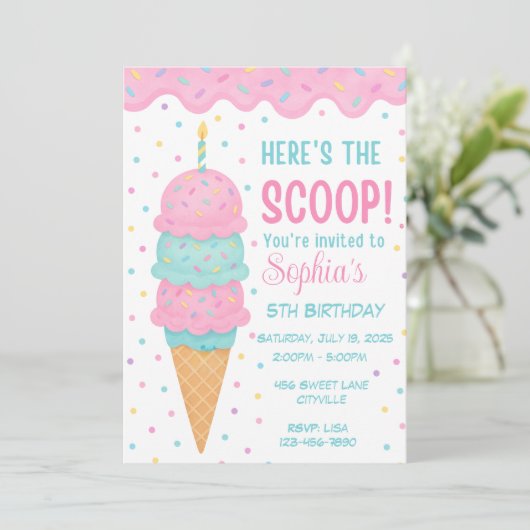 Ice Cream Birthday Party Invitation Kaart (Staand voorkant)