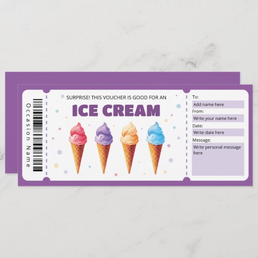 Ice Cream Cadeaubon Sjabloon, Sundae Lover Kaart (Voorkant / Achterkant)