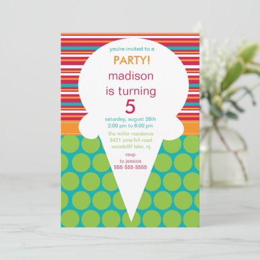 Ice Cream Cone Birthday Invitation Polka Dots Kaart (Staand voorkant)