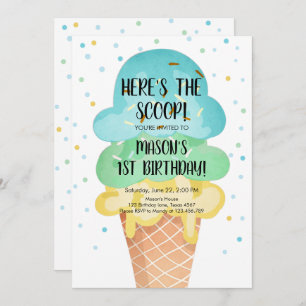 Ice Cream Cone Confetti Boy First Birthday Invitat Kaart