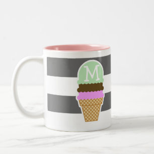 Ice Cream Cone on Dim Grey Horizontal Stripes Tweekleurige Koffiemok