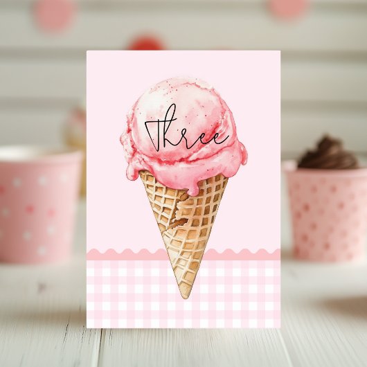 Ice Cream Cone Tafelnummer Kaart | Roze Waterverf