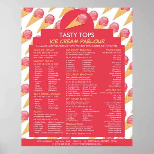 Ice Cream Cones, Ice Cream Parlor Menu Poster (Voorkant)
