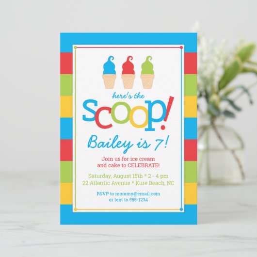 Ice Cream Cones Kleurrijke Verjaardag Uitnodiging (Staand voorkant)