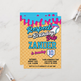 Ice Cream Drip Baseball Blue Pink Birthday Party Kaart