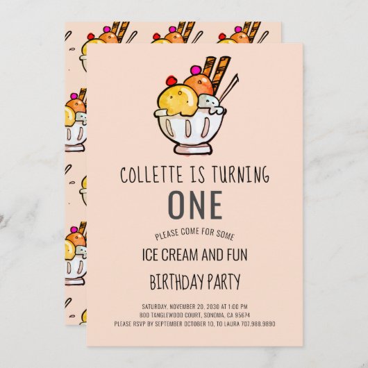 Ice Cream First Birthday Invitation (Devant / Derrière)