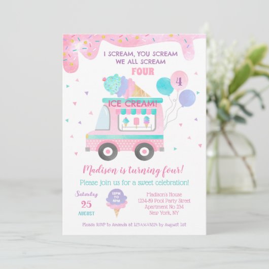 Ice Cream Four 4th Birthday Party Save The Date (Staand voorkant)