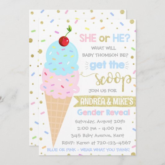 Ice Cream Geslacht Onthulling Uitnodiging, Gender Kaart (Voorkant / Achterkant)