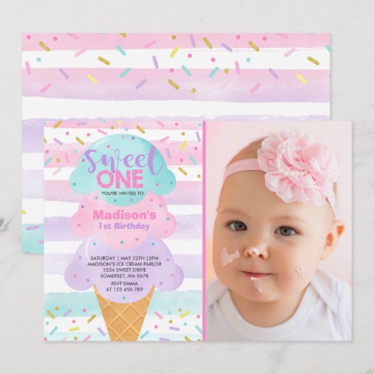 Ice Cream Invitation Sweet One 1st Birthday Kaart (Voorkant / Achterkant)