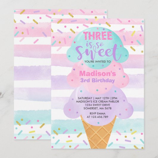 Ice Cream Invitation Three is de zoete derde verja Kaart (Voorkant / Achterkant)