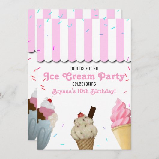 Ice Cream Parlor Party Verjaardagsviering Roze I Kaart (Voorkant / Achterkant)
