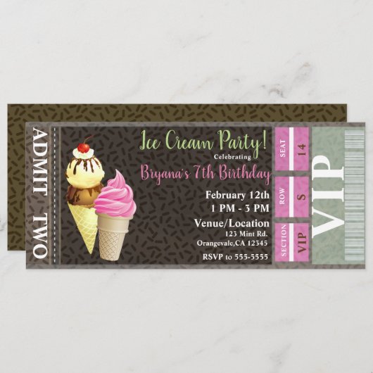 Ice Cream Party Birthday  VIP Ticket Kaart (Voorkant / Achterkant)