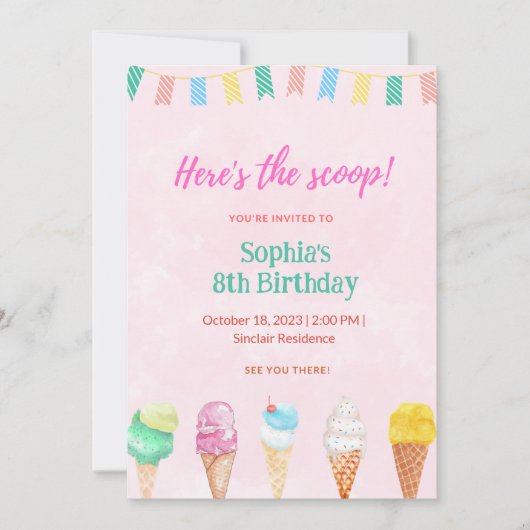 Ice Cream Party Hier is de Scoop Uitnodiging Kaart (Voorkant)