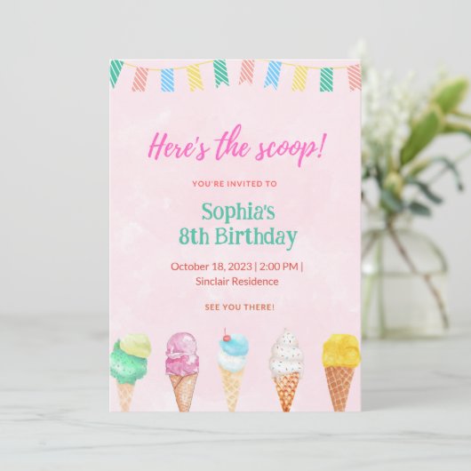 Ice Cream Party Hier is de Scoop Uitnodiging Kaart (Staand voorkant)