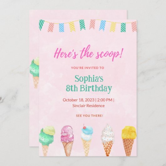 Ice Cream Party Hier is de Scoop Uitnodiging Kaart (Voorkant / Achterkant)