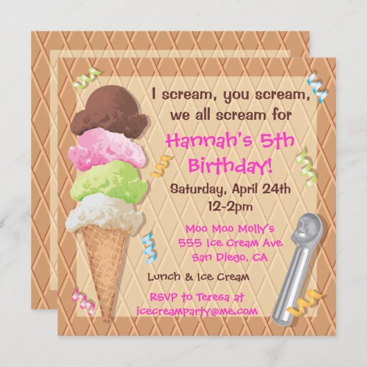 Ice Cream Party Invitation Celebration Kaart (Voorkant / Achterkant)