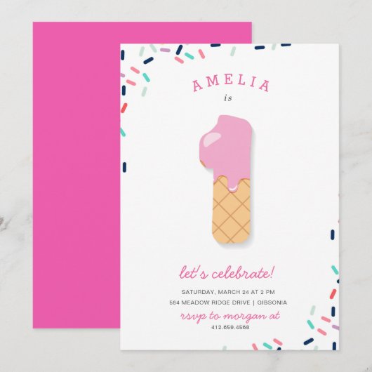 Ice Cream Party Kinder roze uitnodiging op zaterda (Voorkant / Achterkant)