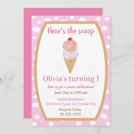 Ice Cream Party Premier anniversaire Invitation en (Devant / Derrière)