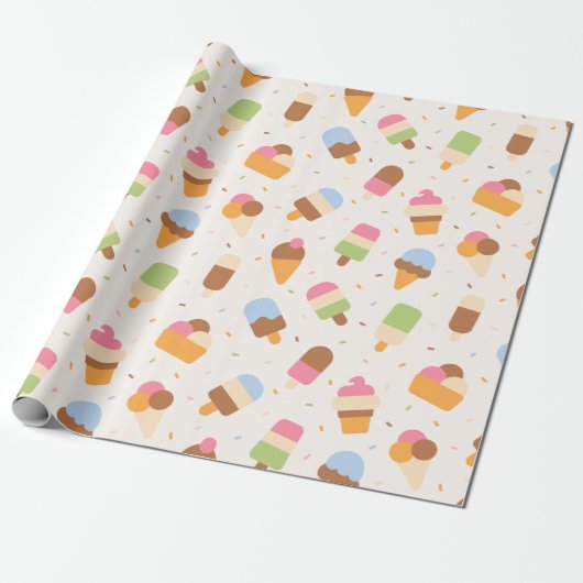 Ice Cream Pattern, Ice Cream Cone, Ice Popsicle Cadeaupapier (Uitgerold)