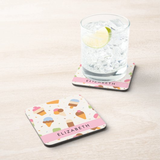 Ice Cream Pattern, Ice Cream Cone, Jouw naam Bier Onderzetter (Rechterzijde)