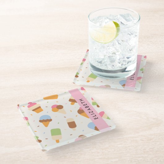 Ice Cream Pattern, Ice Cream Cone, Jouw naam Glazen Onderzetter (Schuin)